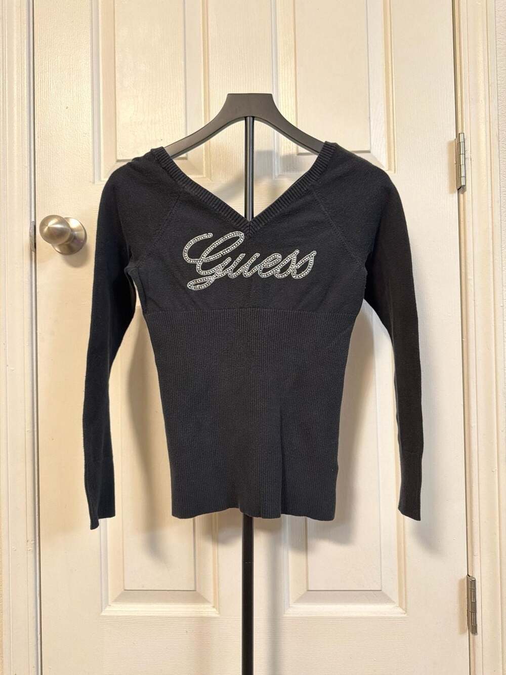 Guess Los Angeles Black Rhinestone Logo V-Neck Ribbed Hem Sweater
